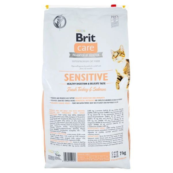 Brit Care Cat GF Sensitive Health Digestion & Delicate Taste сухой корм для кошек с чувствительным пищеварением с индейкой и лососем 171282/0709 фото